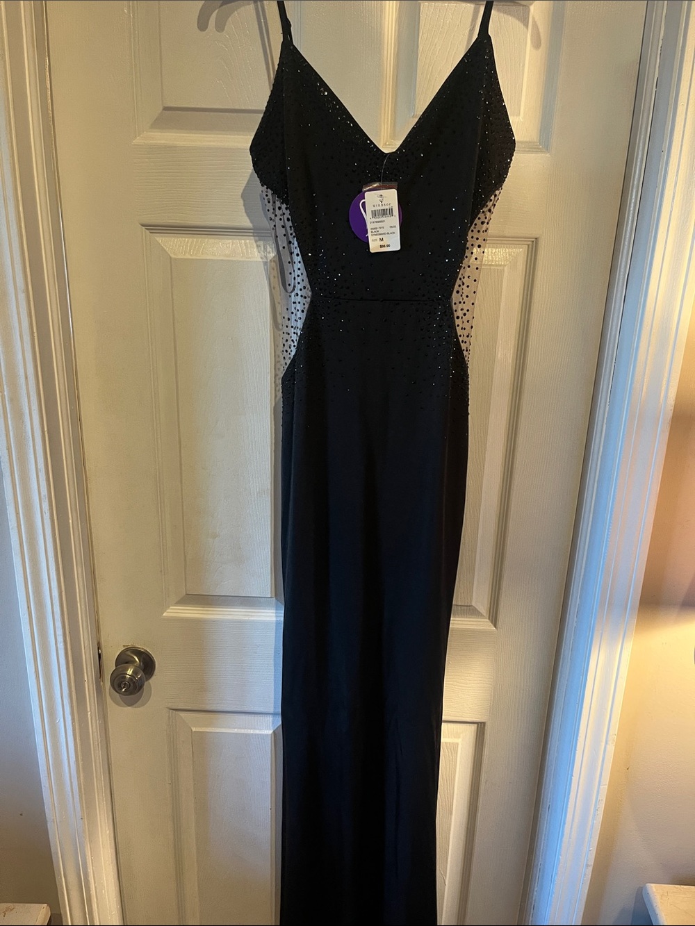 Windsor Black Spaghetti-Strap full length Gown with Sparkle and mesh side panels